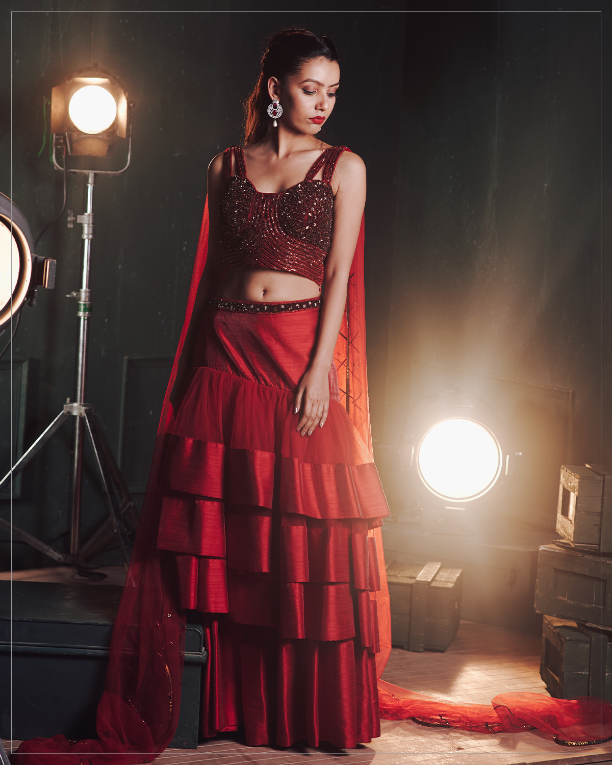 Maroon Layered Skirt Set