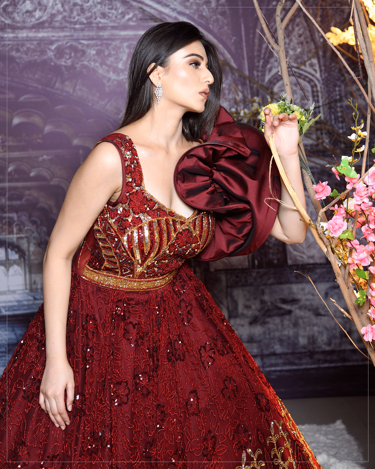 Rosette-Maroon Gold Gown - Image 4