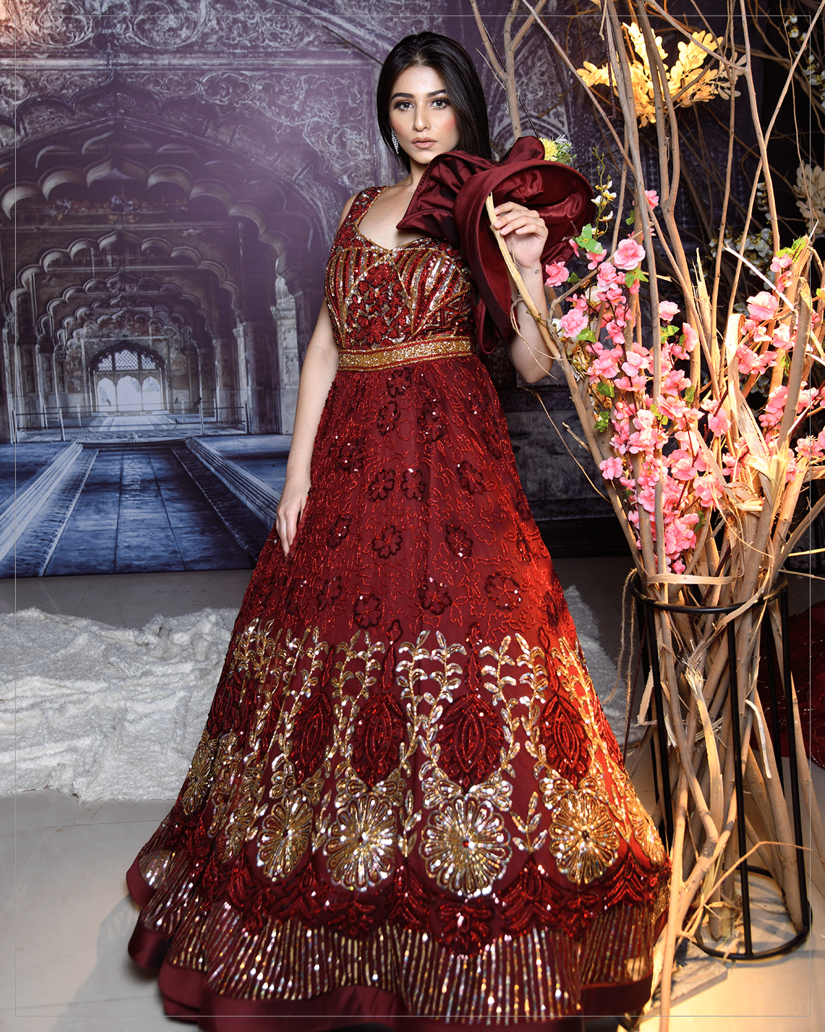Rosette-Maroon Gold Gown - Image 3