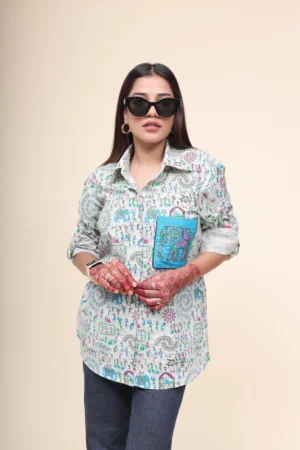 Silver Grey Print Shirt With Emb. Pocket