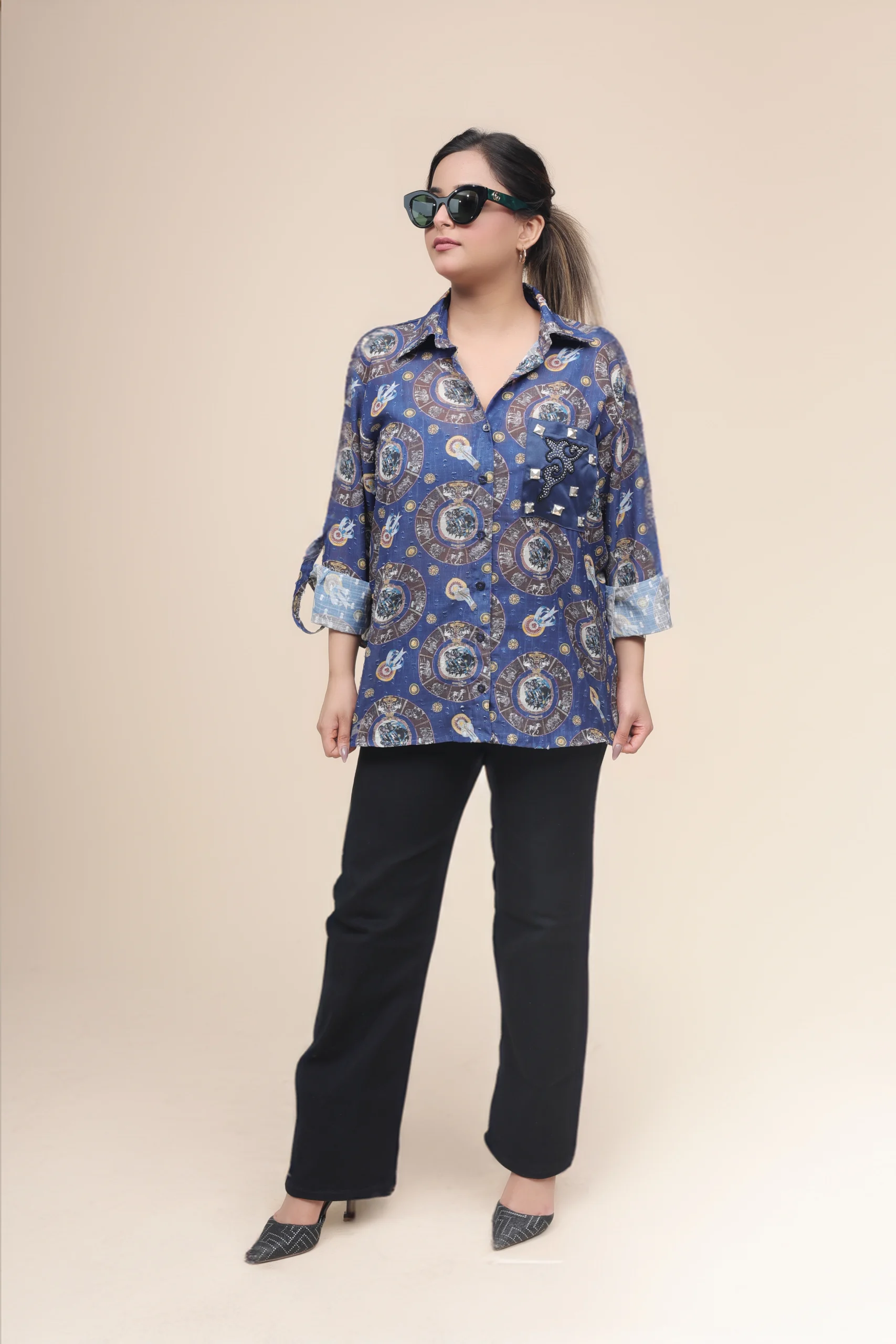 Printed Midnight Blue Emb. Shirt